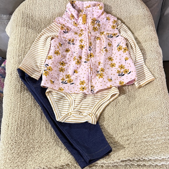 Carter's Pink Floral Vest with Yellow Striped Onesie - Picture 3 of 4
